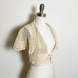 Vintage Handmade Cream Crochet Crop Top Sweater Blouse Size S/M
